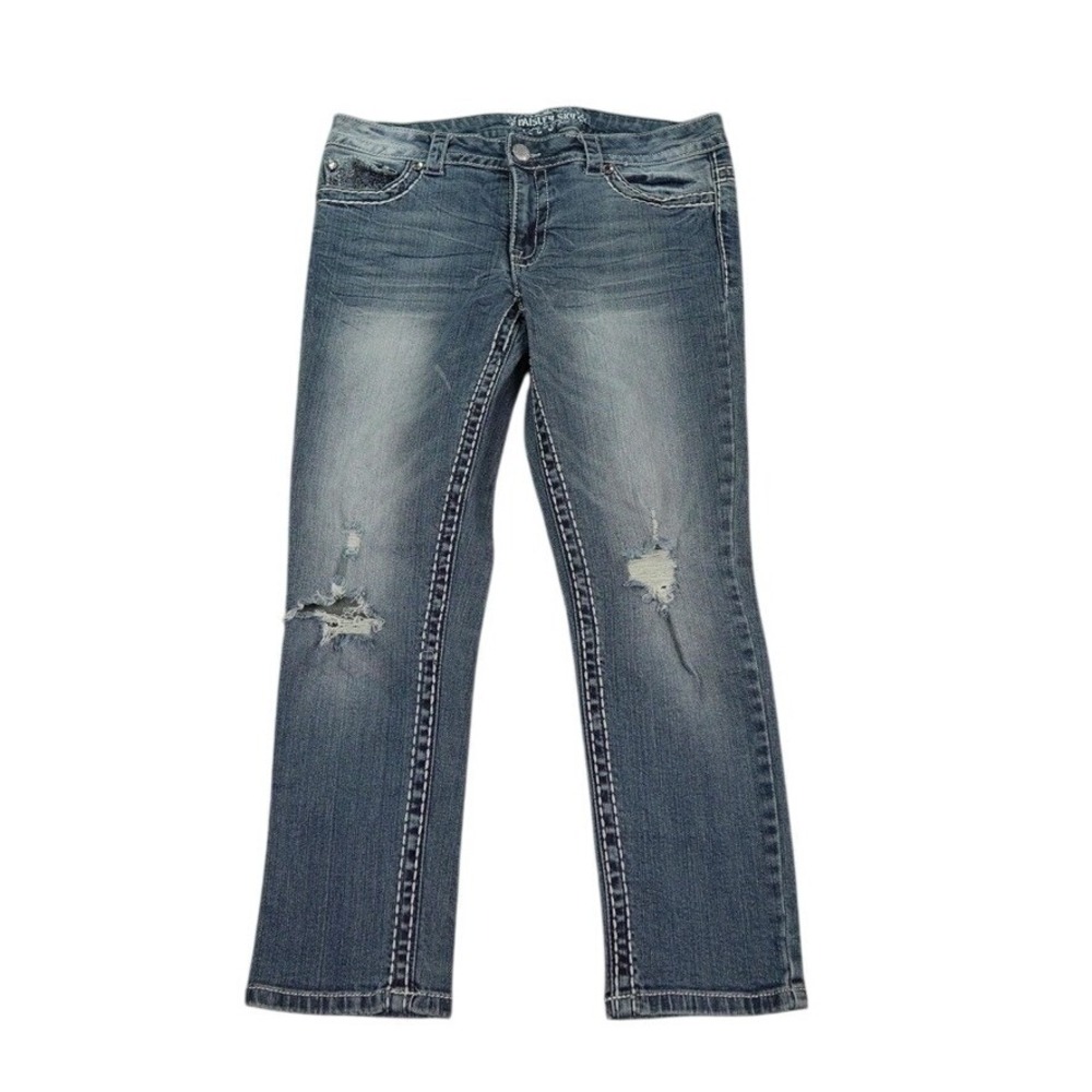 Paisley Sky Womens Distressed Straight Leg Jeans Blue Size 8 Embroidered Pockets
